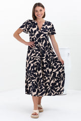 Milla Midi Dress - Tiered Button Down Dress in Kiera Print Navy