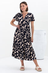 Milla Midi Dress - Tiered Button Down Dress in Kiera Print Navy