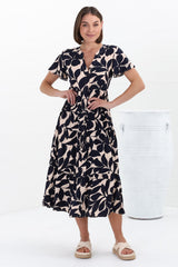 Milla Midi Dress - Tiered Button Down Dress in Kiera Print Navy