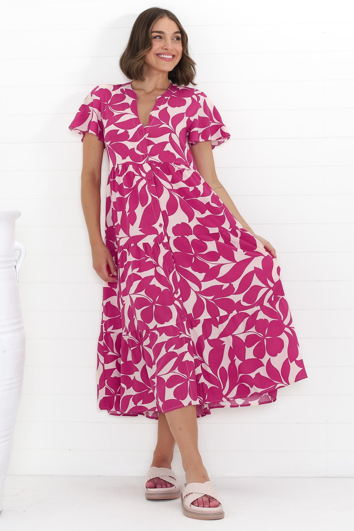 Milla Midi Dress - Tiered Button Down Dress in Kiera Print Pink