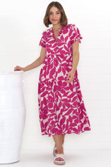 Milla Midi Dress - Tiered Button Down Dress in Kiera Print Pink