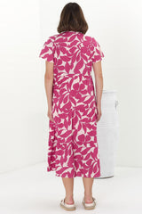 Milla Midi Dress - Tiered Button Down Dress in Kiera Print Pink