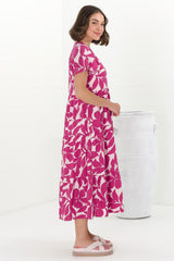 Milla Midi Dress - Tiered Button Down Dress in Kiera Print Pink