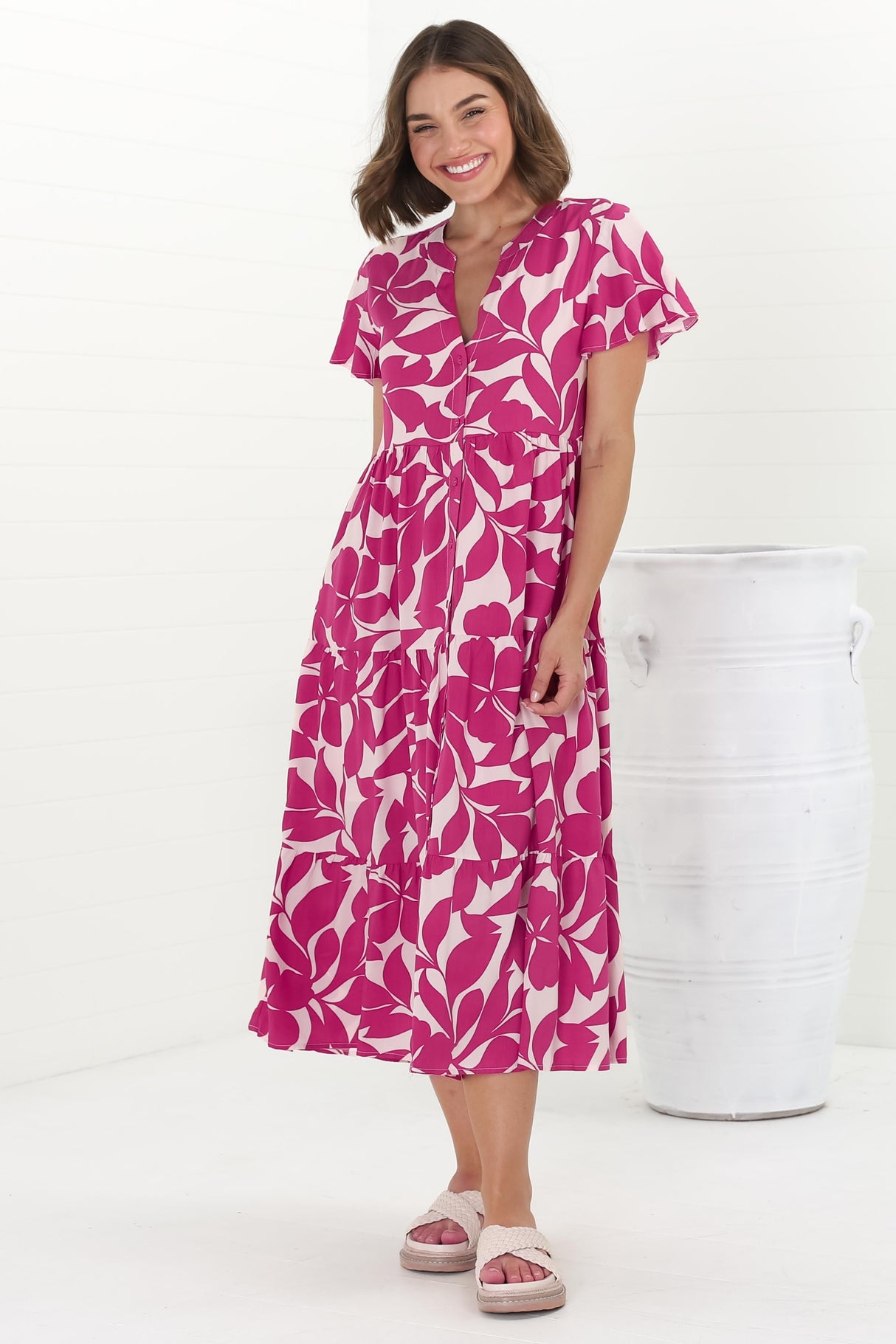 Milla Midi Dress - Tiered Button Down Dress in Kiera Print Pink