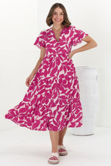 Milla Midi Dress - Tiered Button Down Dress in Kiera Print Pink