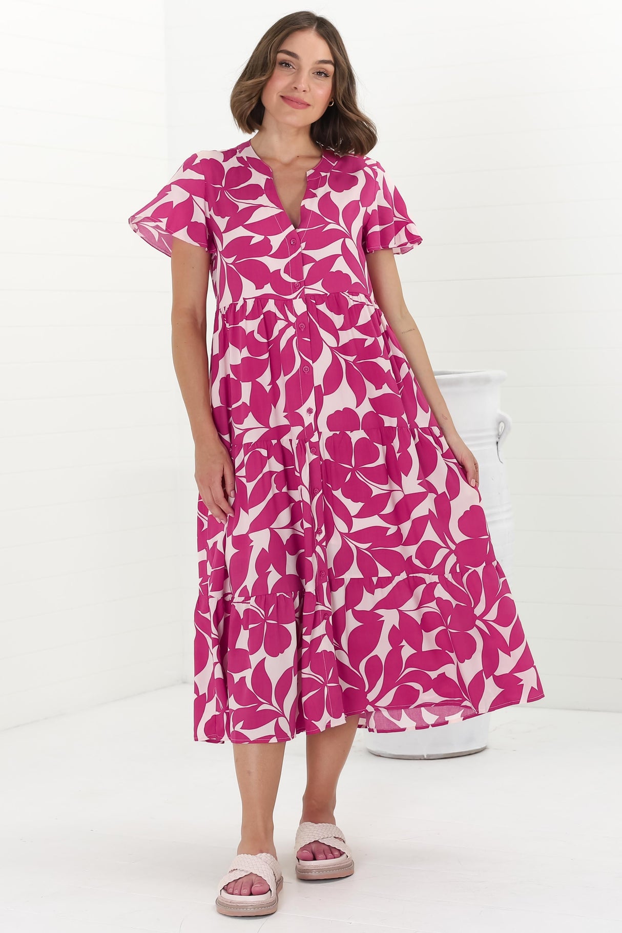 Milla Midi Dress - Tiered Button Down Dress in Kiera Print Pink