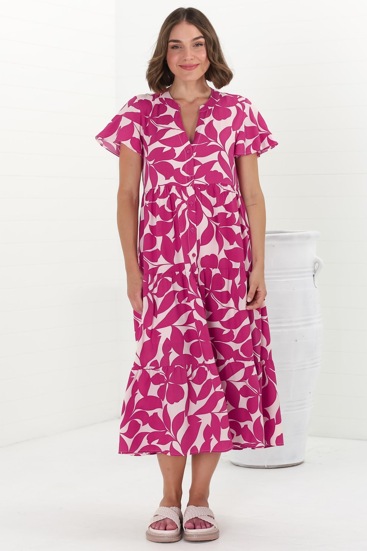 Milla Midi Dress - Tiered Button Down Dress in Kiera Print Pink