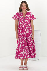 Milla Midi Dress - Tiered Button Down Dress in Kiera Print Pink