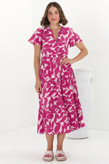 Milla Midi Dress - Tiered Button Down Dress in Kiera Print Pink