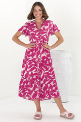 Milla Midi Dress - Tiered Button Down Dress in Kiera Print Pink