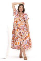 Milla Midi Dress - Tiered Button Down Dress in Adelita Print Orange