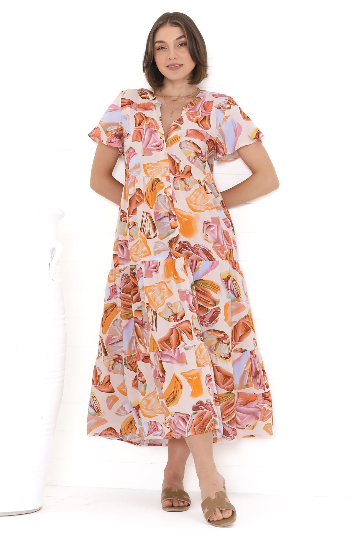 Milla Midi Dress - Tiered Button Down Dress in Adelita Print Orange