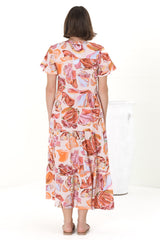 Milla Midi Dress - Tiered Button Down Dress in Adelita Print Orange