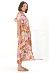 Milla Midi Dress - Tiered Button Down Dress in Adelita Print Orange