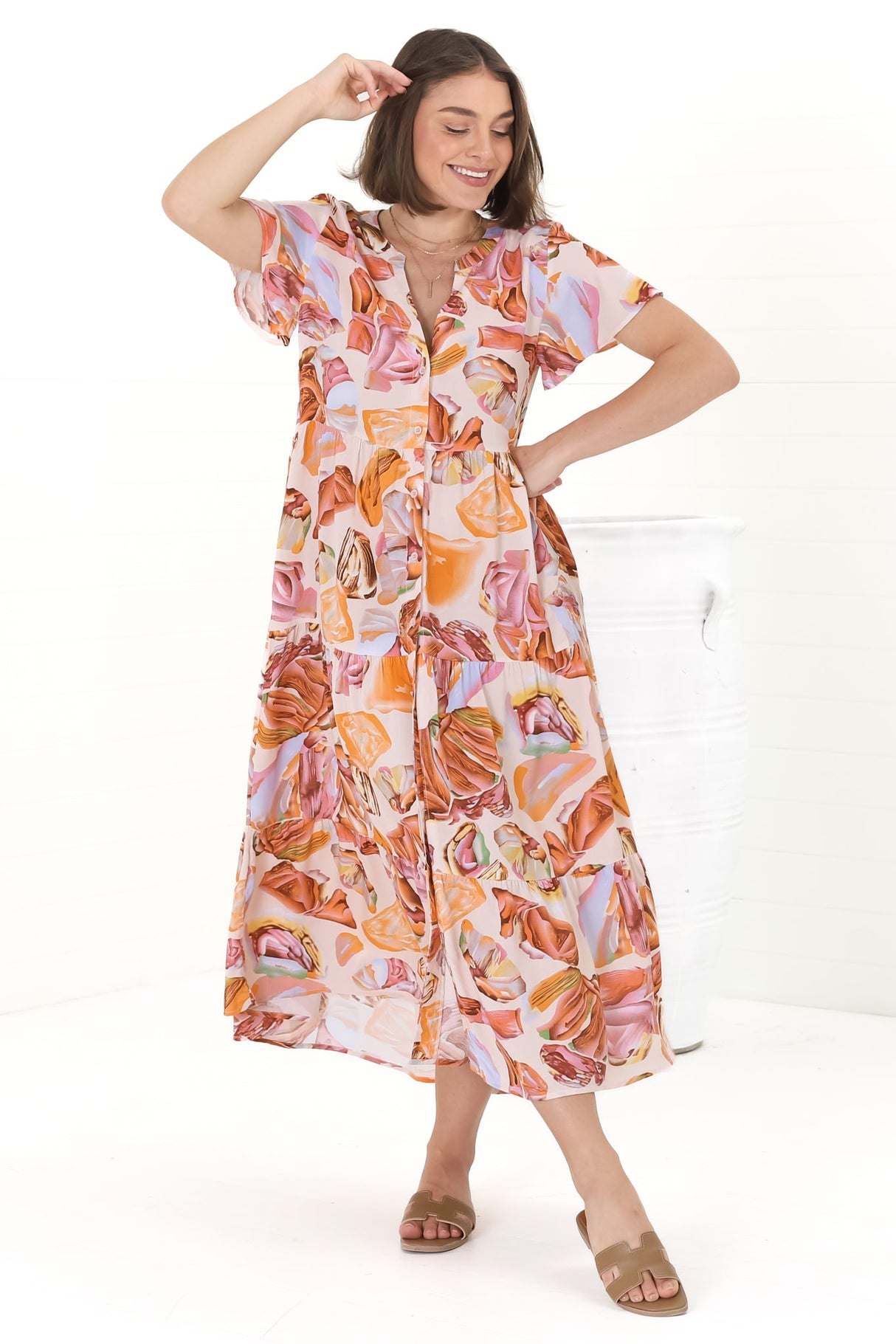 Milla Midi Dress - Tiered Button Down Dress in Adelita Print Orange