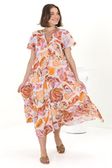 Milla Midi Dress - Tiered Button Down Dress in Adelita Print Orange