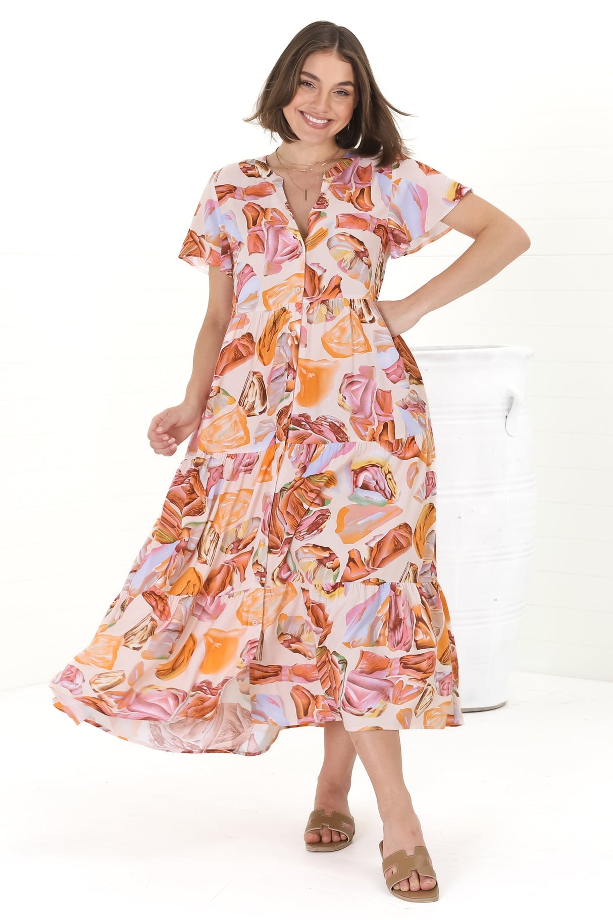 Milla Midi Dress - Tiered Button Down Dress in Adelita Print Orange