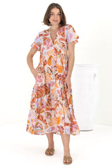 Milla Midi Dress - Tiered Button Down Dress in Adelita Print Orange