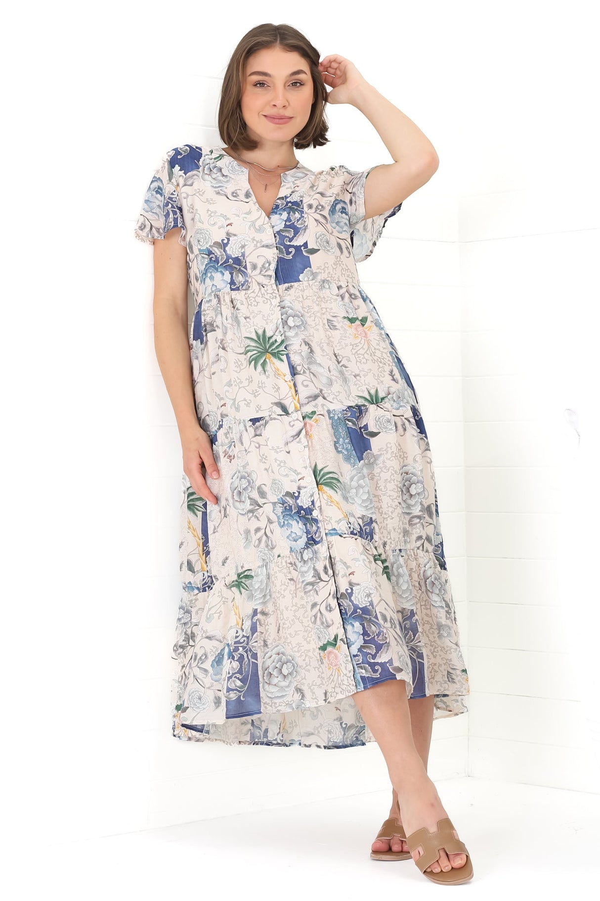 Milla Midi Dress - Tiered Button Down Dress in Irina Print Blue