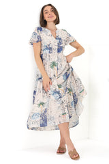 Milla Midi Dress - Tiered Button Down Dress in Irina Print Blue