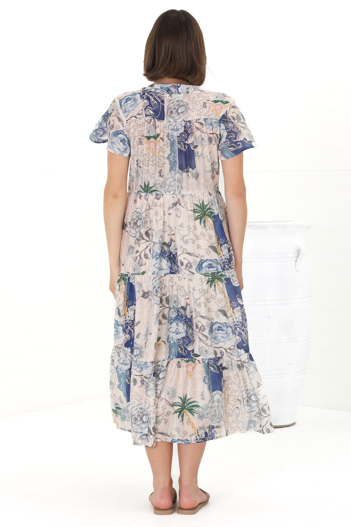 Milla Midi Dress - Tiered Button Down Dress in Irina Print Blue