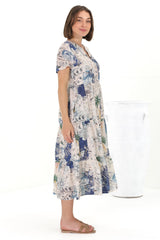 Milla Midi Dress - Tiered Button Down Dress in Irina Print Blue