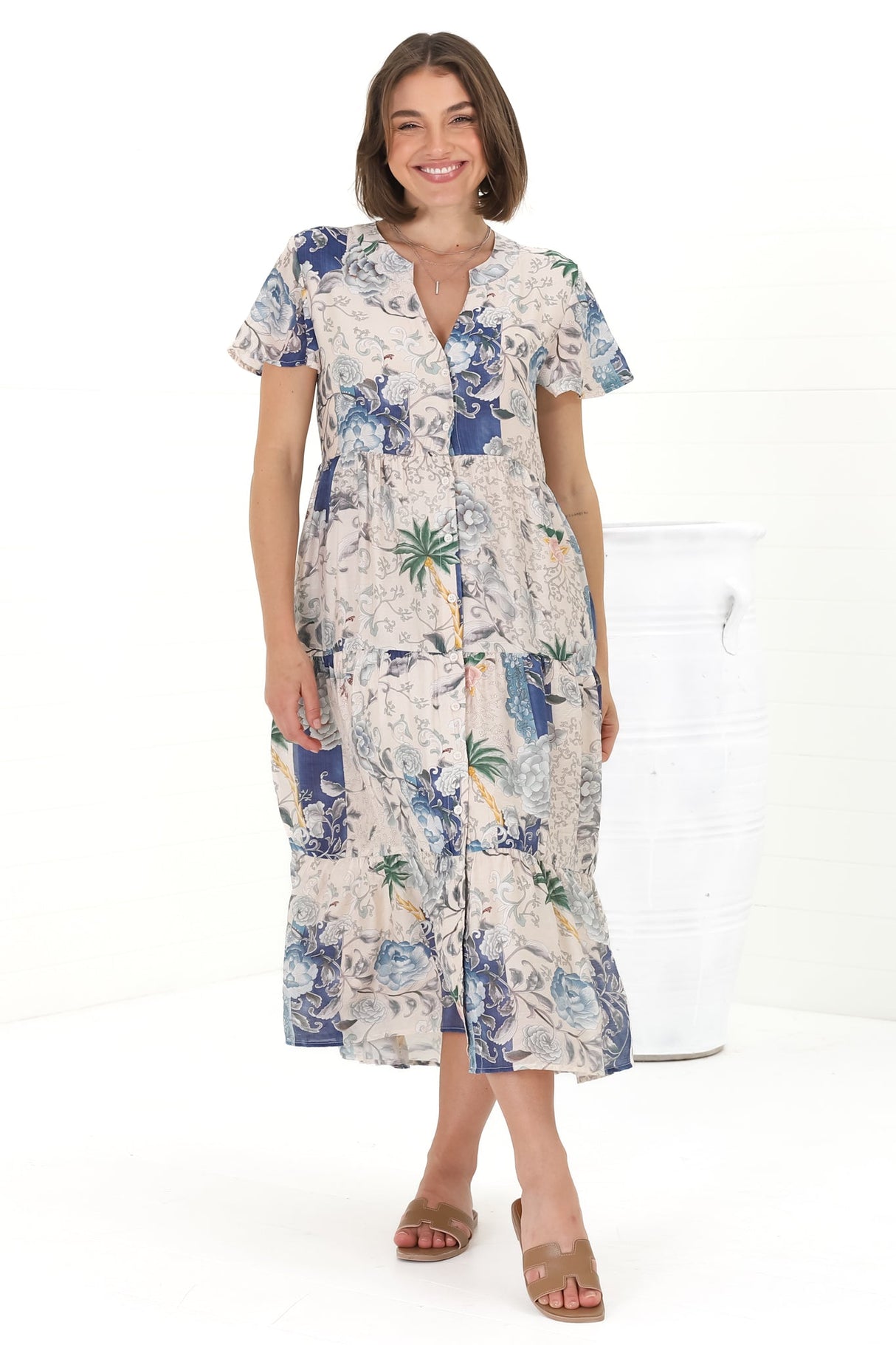 Milla Midi Dress - Tiered Button Down Dress in Irina Print Blue