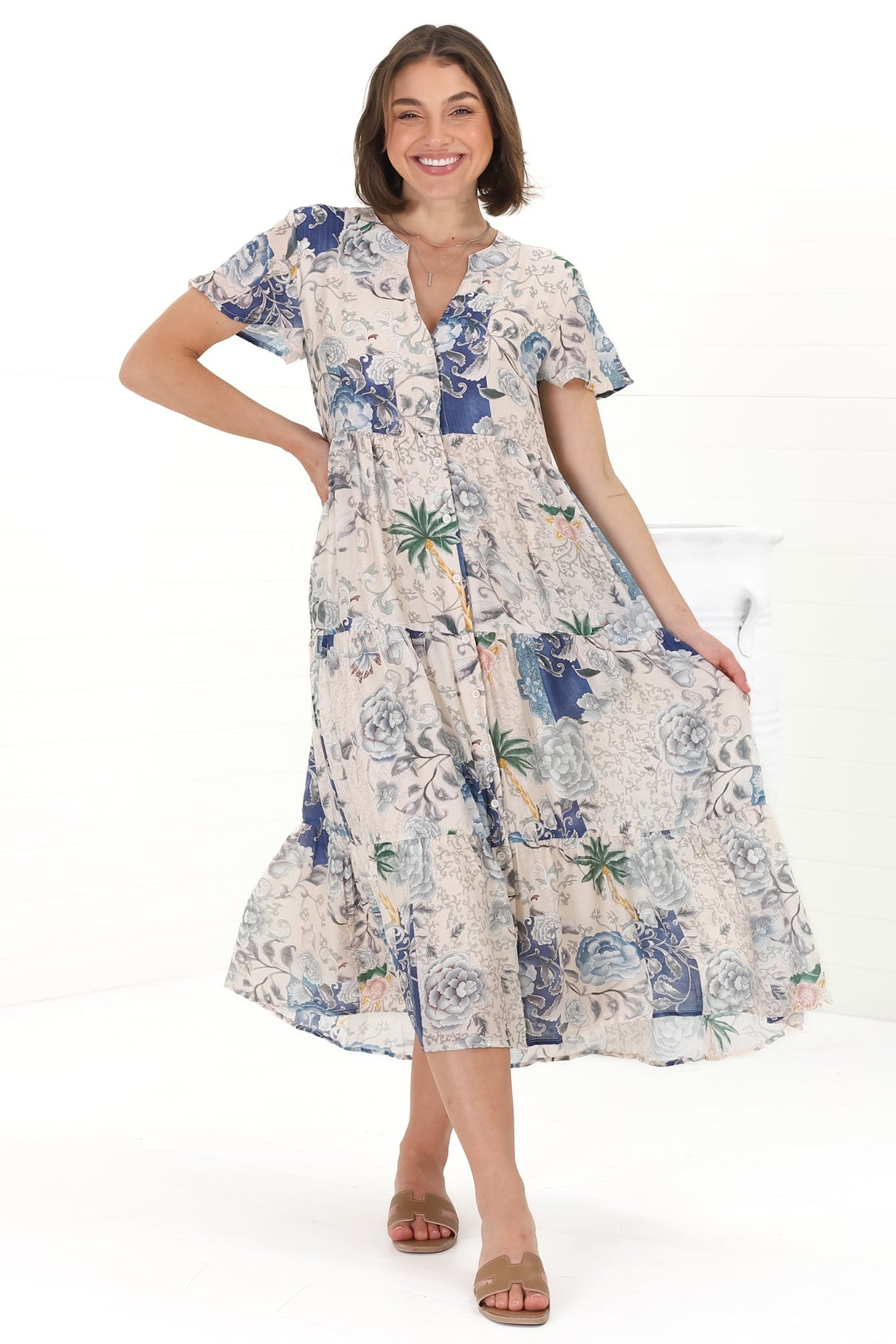 Milla Midi Dress - Tiered Button Down Dress in Irina Print Blue