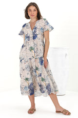 Milla Midi Dress - Tiered Button Down Dress in Irina Print Blue