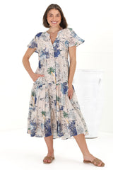 Milla Midi Dress - Tiered Button Down Dress in Irina Print Blue