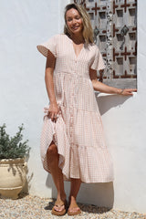 Milla Midi Dress - Tiered Button Down Dress in Gingham Mistee Print Beige