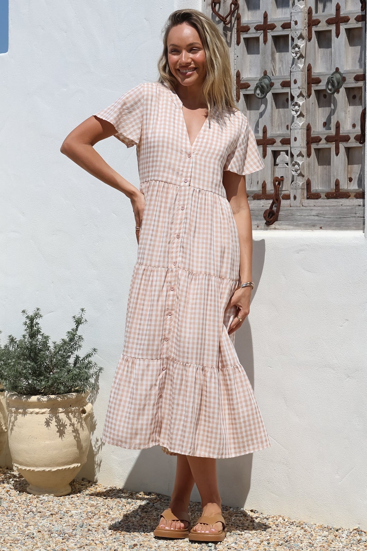 Milla Midi Dress - Tiered Button Down Dress in Gingham Mistee Print Beige