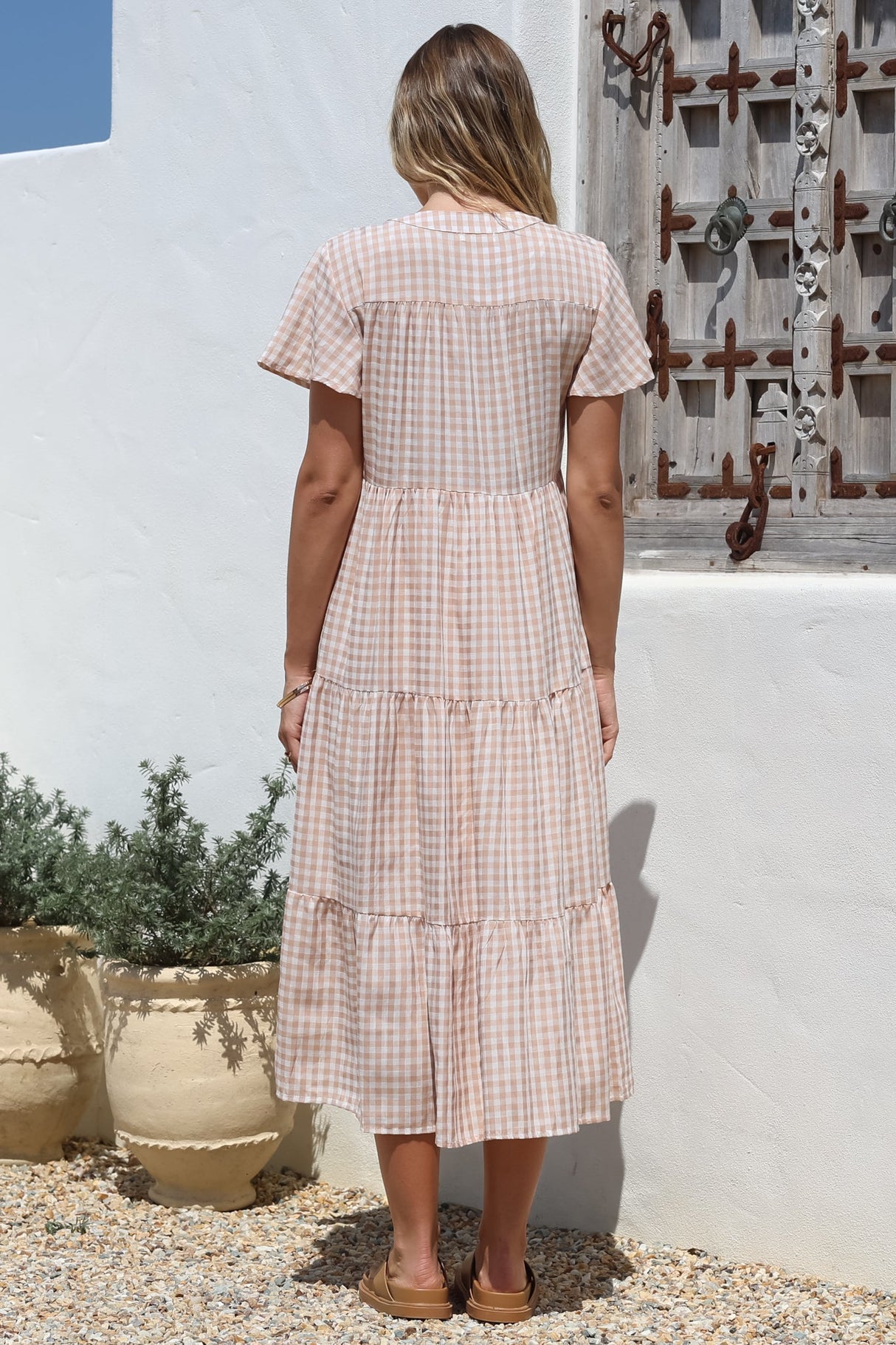 Milla Midi Dress - Tiered Button Down Dress in Gingham Mistee Print Beige