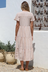 Milla Midi Dress - Tiered Button Down Dress in Gingham Mistee Print Beige