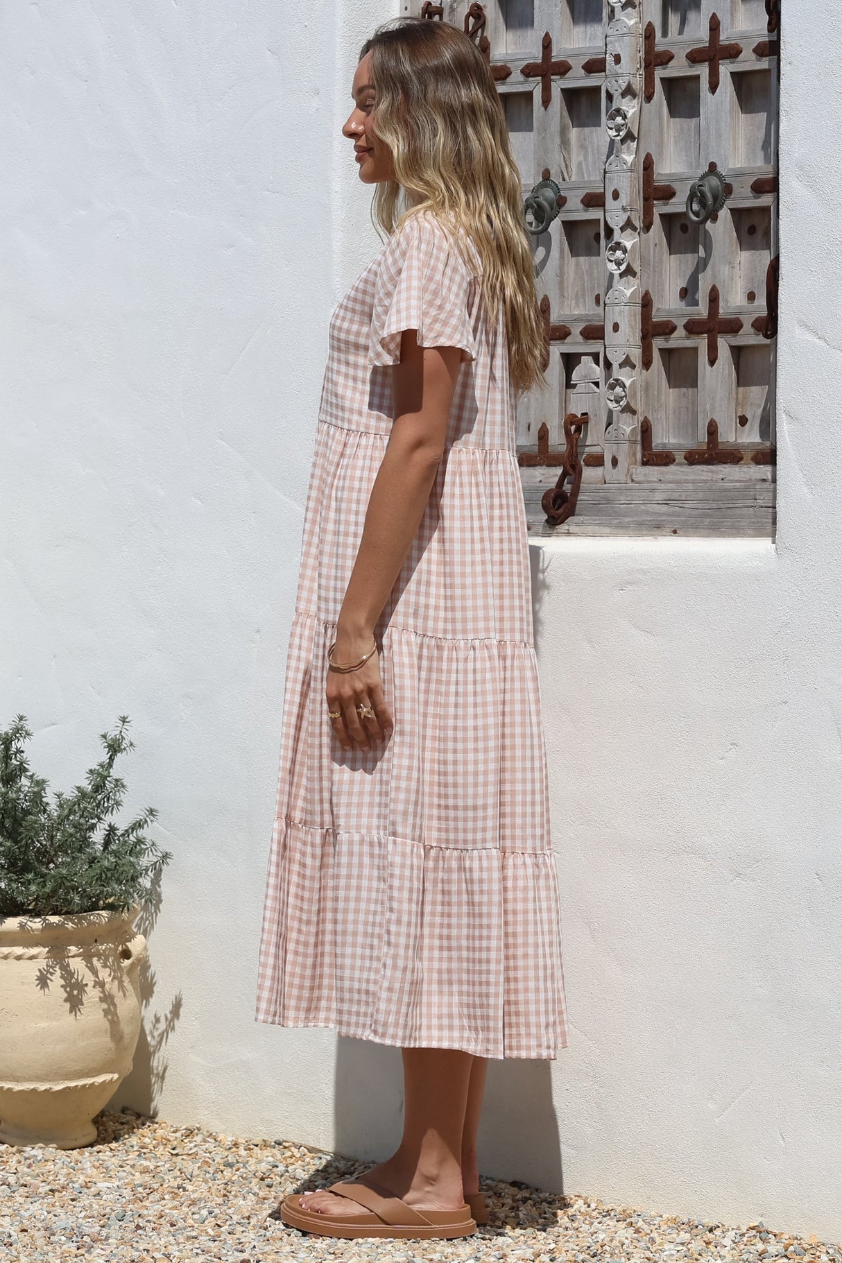 Milla Midi Dress - Tiered Button Down Dress in Gingham Mistee Print Beige