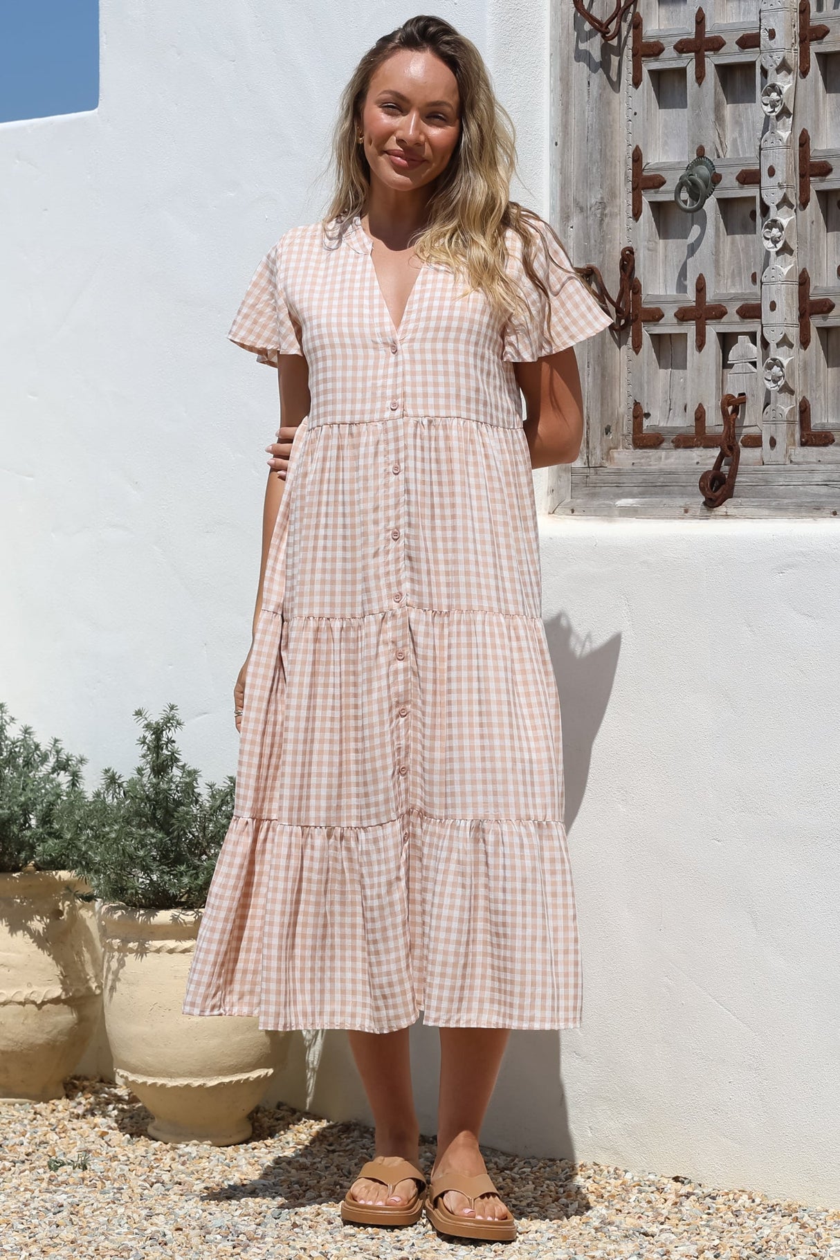 Milla Midi Dress - Tiered Button Down Dress in Gingham Mistee Print Beige