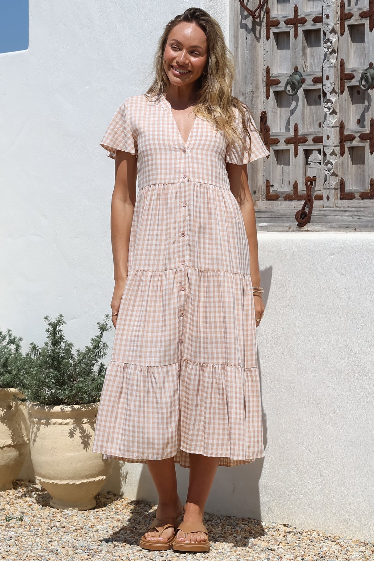 Milla Midi Dress - Tiered Button Down Dress in Gingham Mistee Print Beige