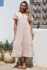 Milla Midi Dress - Tiered Button Down Dress in Gingham Mistee Print Beige