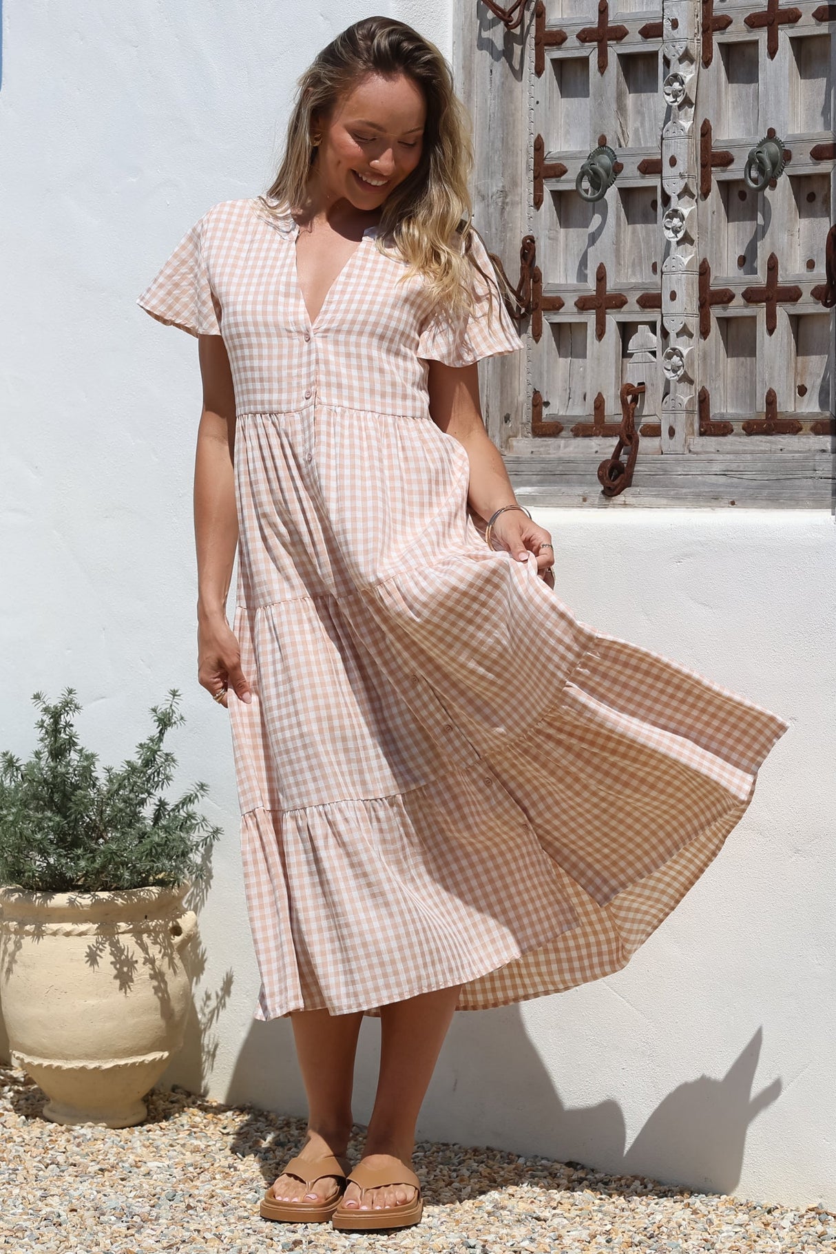 Milla Midi Dress - Tiered Button Down Dress in Gingham Mistee Print Beige