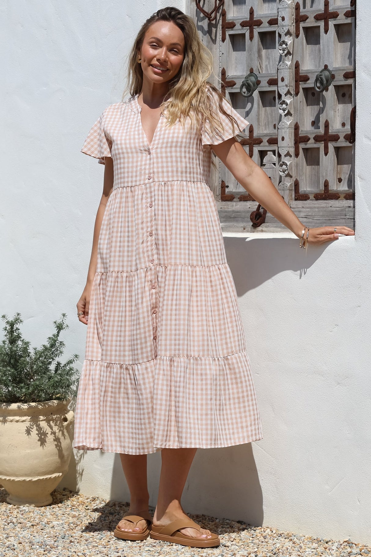 Milla Midi Dress - Tiered Button Down Dress in Gingham Mistee Print Beige
