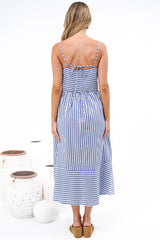 Miller Midi Dress - Tie Front V Neck Embroidered Dress with Pockets in Blue Stripe