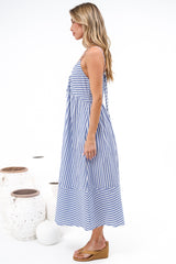 Miller Midi Dress - Tie Front V Neck Embroidered Dress with Pockets in Blue Stripe