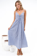 Miller Midi Dress - Tie Front V Neck Embroidered Dress with Pockets in Blue Stripe