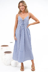 Miller Midi Dress - Tie Front V Neck Embroidered Dress with Pockets in Blue Stripe