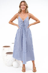 Miller Midi Dress - Tie Front V Neck Embroidered Dress with Pockets in Blue Stripe