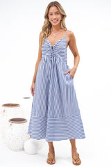 Miller Midi Dress - Tie Front V Neck Embroidered Dress with Pockets in Blue Stripe