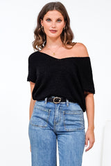 Millicent Knit Top - Relaxed V-Neck Top with Ribbed Hemline in Black