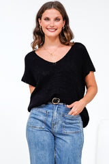Millicent Knit Top - Relaxed V-Neck Top with Ribbed Hemline in Black
