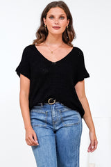 Millicent Knit Top - Relaxed V-Neck Top with Ribbed Hemline in Black