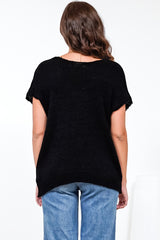 Millicent Knit Top - Relaxed V-Neck Top with Ribbed Hemline in Black